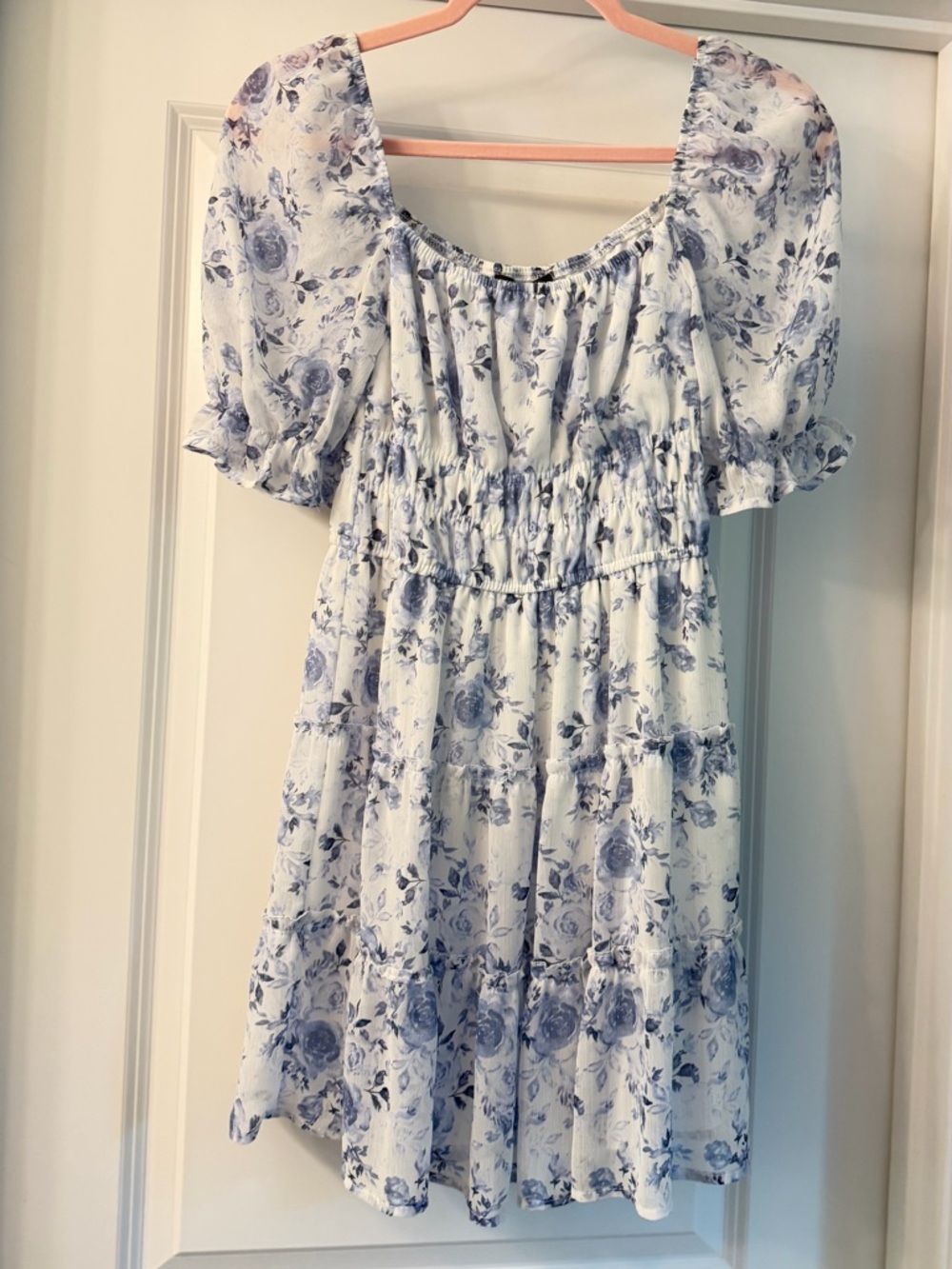 Trixxi White Blue Floral Smocked Mini Dress Small